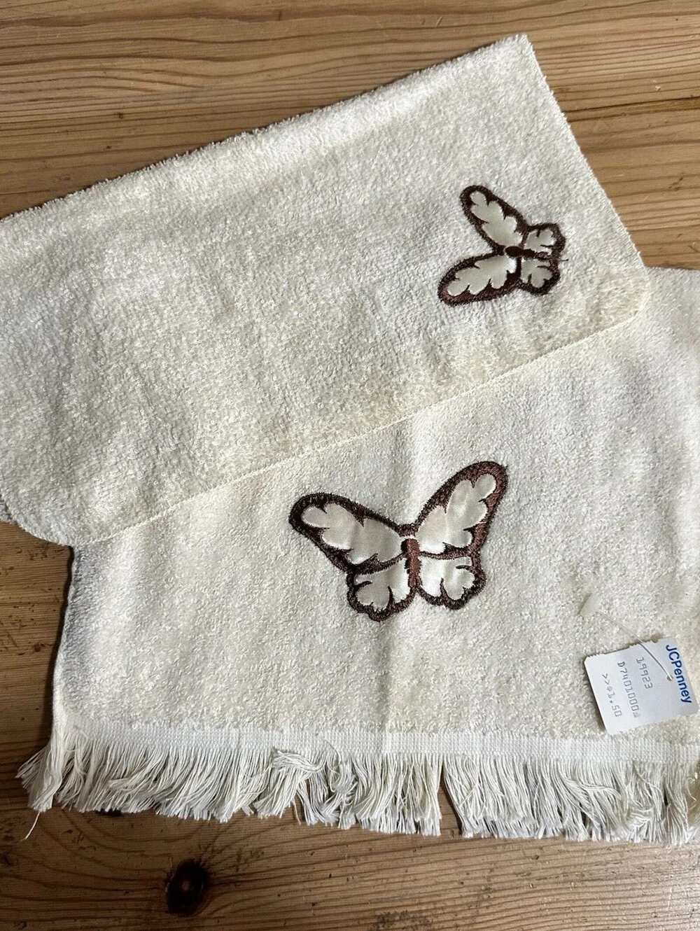 Vintage 70s Boho Butterfly Towel Set | Cream & Brown Fringed  Retro Home Decor